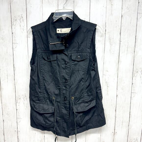 Elliot Lauren Vest Women Sz M Black Utility Zip Button Front Cinch Waist Pockets - Picture 1 of 5